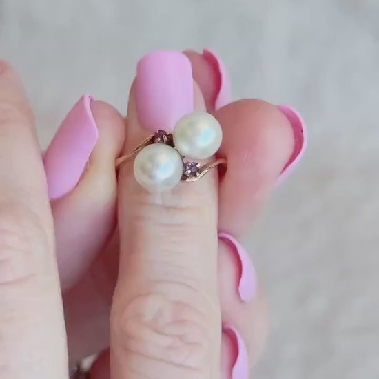 Vintage 1970s Pearl & Ruby Ring in 14k Gold