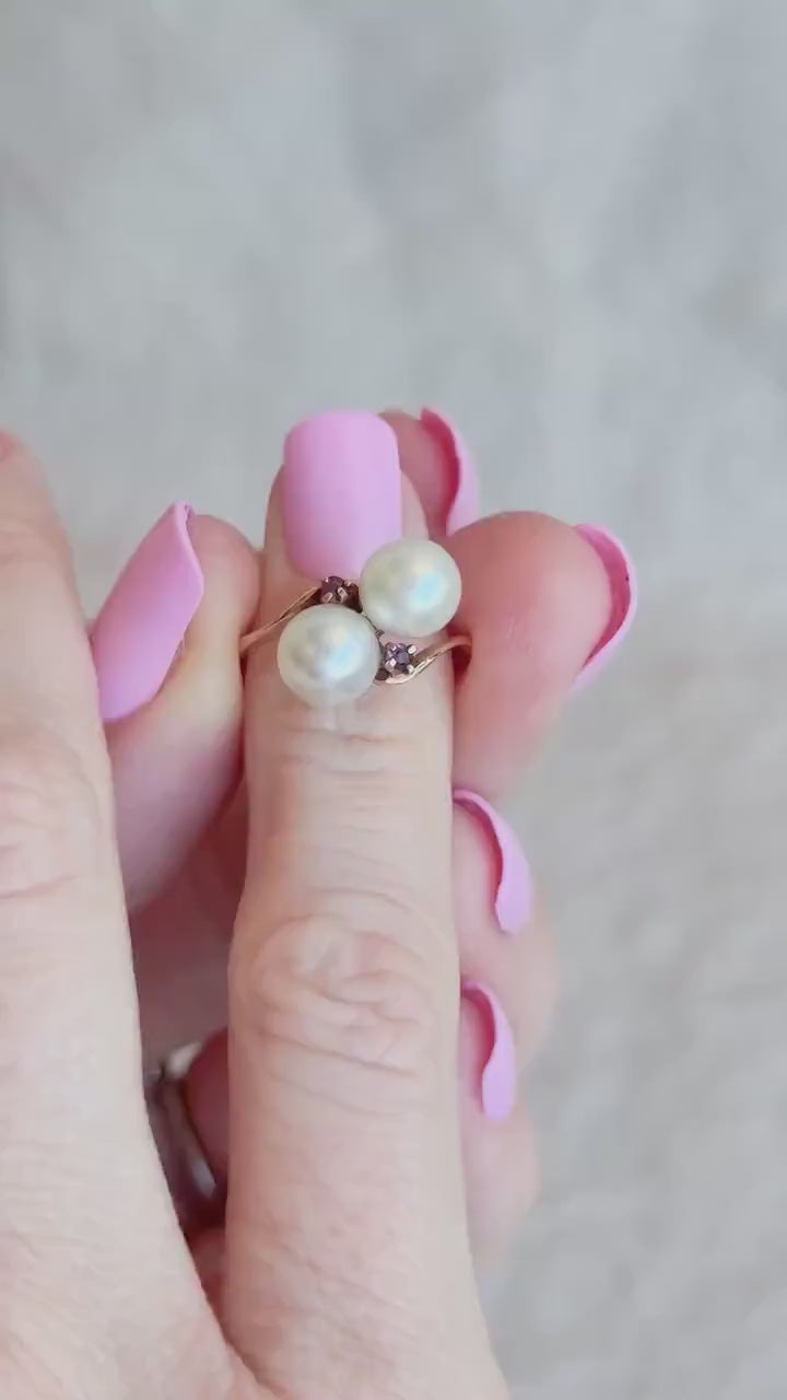 Vintage 1970s Pearl & Ruby Ring in 14k Gold