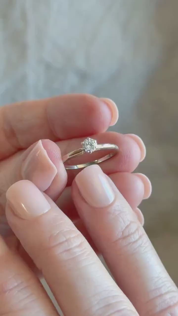 Vintage Diamond Engagement Ring, Round Cut, 14k White Gold, 1990s Solitaire Bridal Ring