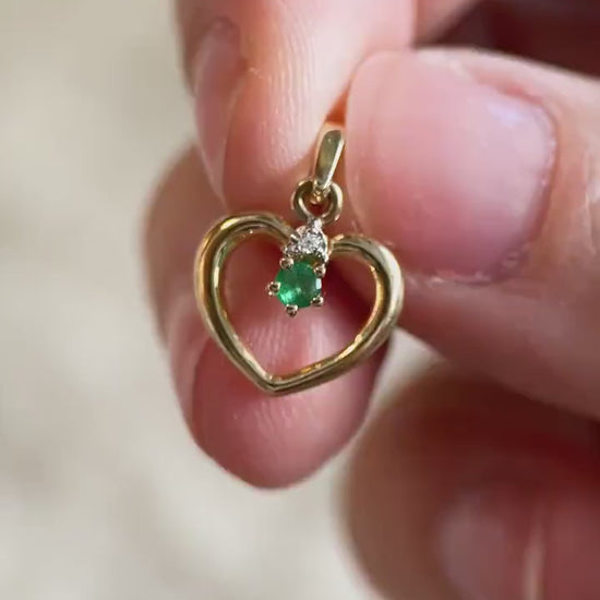 Vintage Emerald and Diamonds Heart Pendant in 14k Gold