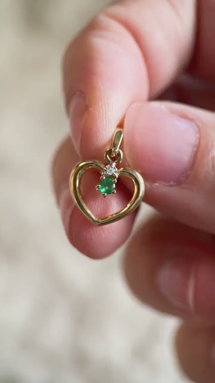 Vintage Emerald and Diamonds Heart Pendant in 14k Gold