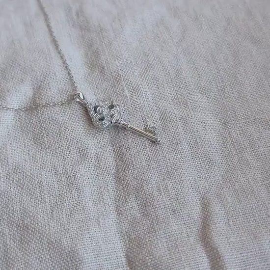 Diamond Skeleton Key Pendant in 10k White Gold, Retro Anniversary Gift, Vintage Jewelry Necklace