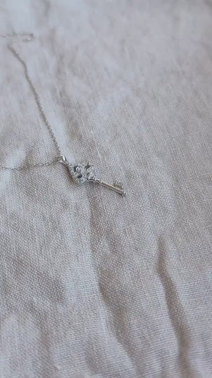 Diamond Skeleton Key Pendant in 10k White Gold, Retro Anniversary Gift, Vintage Jewelry Necklace
