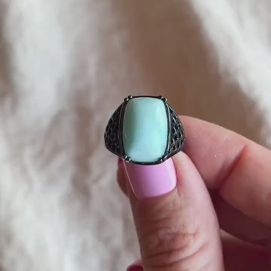 Vintage Larimar Sterling Silver Filigree Statement Ring, Gothic Boho Black Oxidized Jewelry