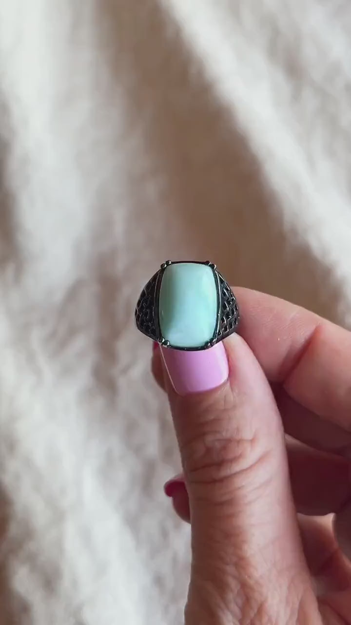 Vintage Larimar Sterling Silver Filigree Statement Ring, Gothic Boho Black Oxidized Jewelry