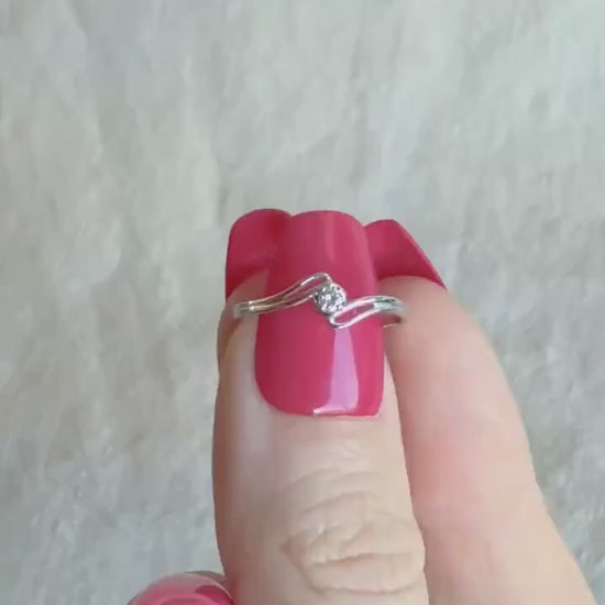 Vintage Diamond Engagement Ring, Round Cut, 18k White Gold, 1990s Swirl Solitaire Prong Setting