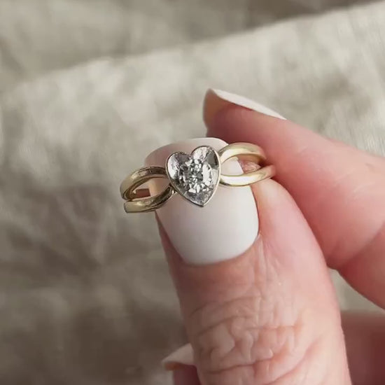 Vintage Diamond Engagement Ring, Round Cut, 14k Gold, 1970s Heart Interlocking Bridal Set