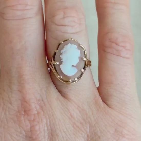 Vintage Cameo Ring, 14k Gold, Oval Portrait Statement Ring, Mid-Century Bold Jewelry