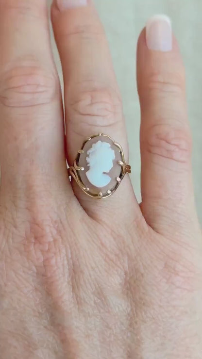 Vintage Cameo Ring, 14k Gold, Oval Portrait Statement Ring, Mid-Century Bold Jewelry