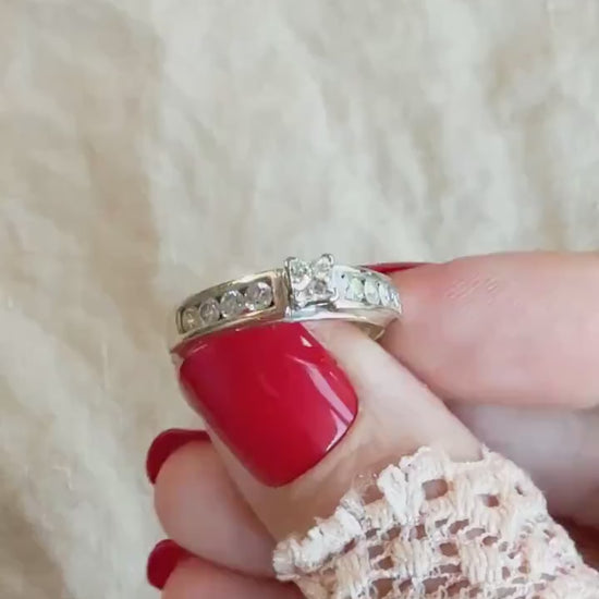 Vintage Diamond Engagement Ring, Princess Cut, 14k White Gold, 1990s Channel Set Cathedral