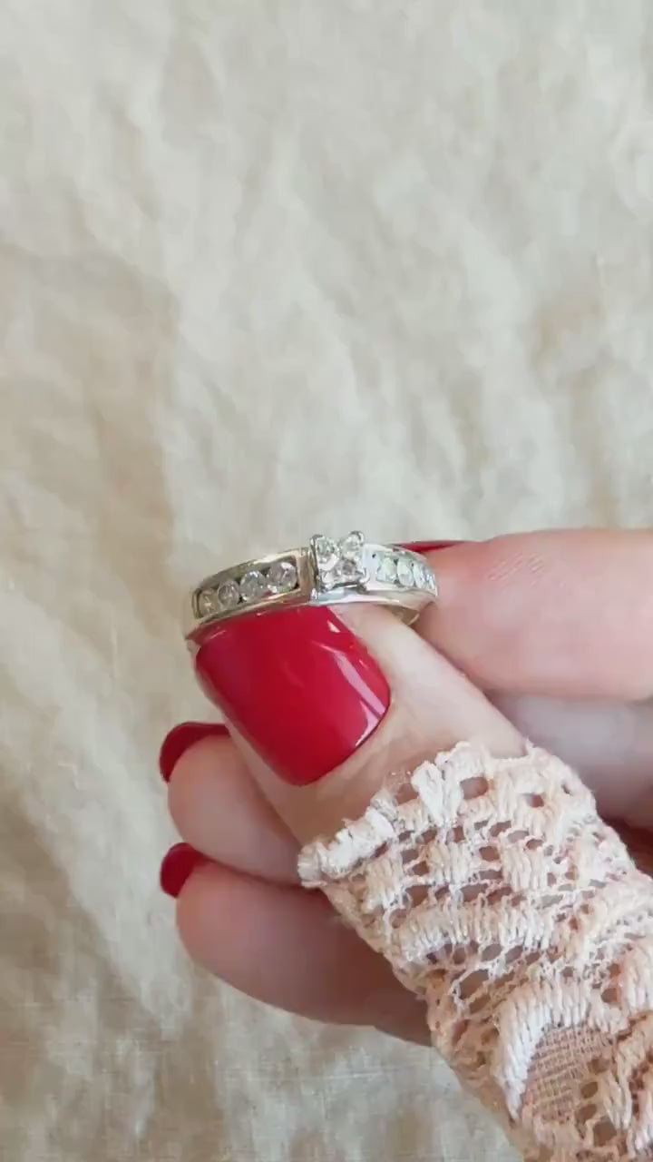 Vintage Diamond Engagement Ring, Princess Cut, 14k White Gold, 1990s Channel Set Cathedral