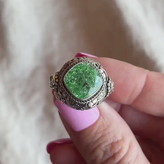 Vintage Sterling Silver Green Quartz Ring, Ornate Boho Filigree Statement Jewelry