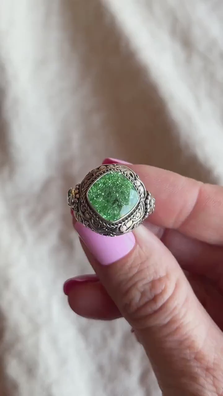 Vintage Sterling Silver Green Quartz Ring, Ornate Boho Filigree Statement Jewelry