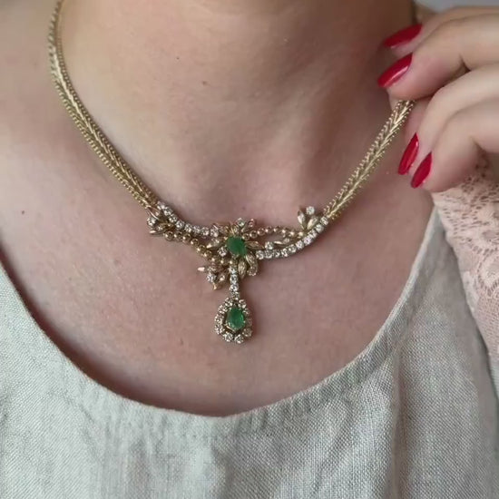 Vintage Emerald and Diamond Necklace in 14k Gold