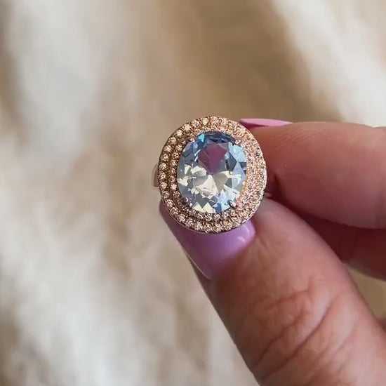 Vintage Blue Spinel Halo Ring, Rose Gold Plated Sterling Silver Statement Jewelry