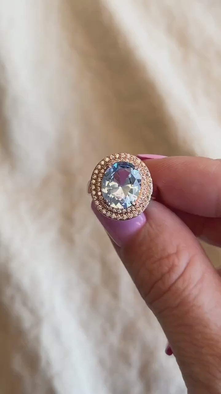 Vintage Blue Spinel Halo Ring, Rose Gold Plated Sterling Silver Statement Jewelry