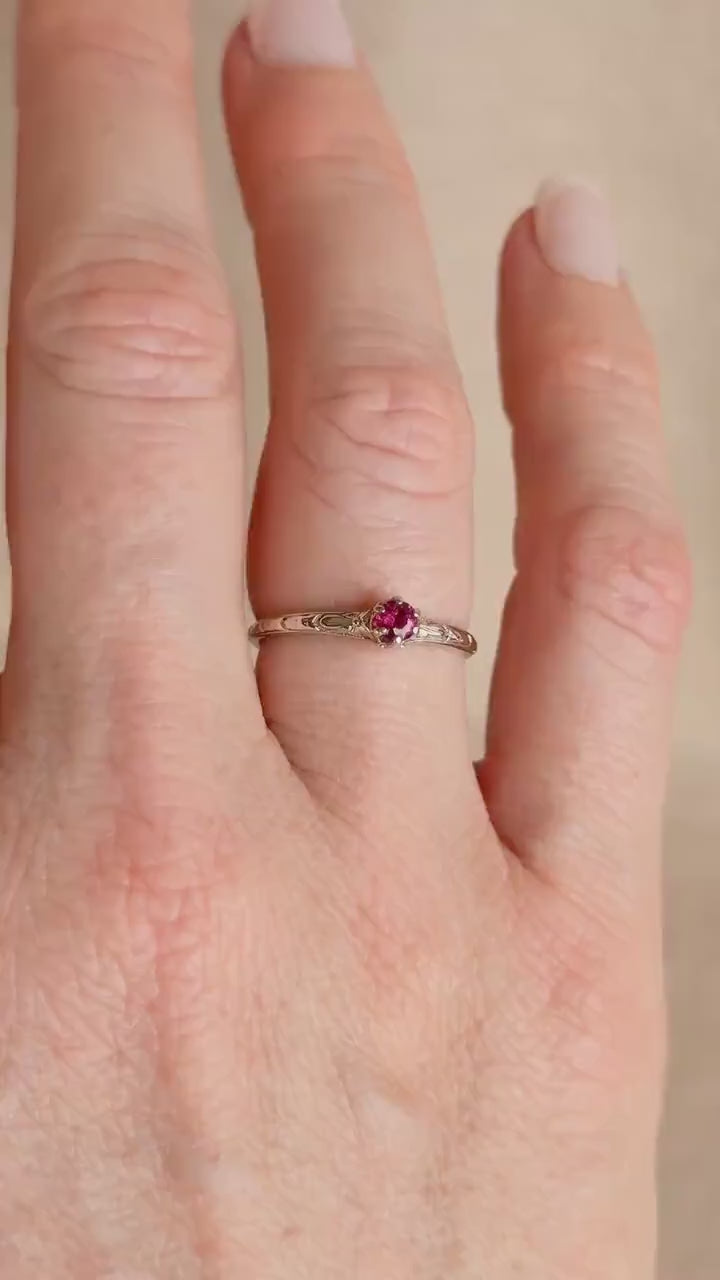 Antique 1930s Art Nouveau Ruby Ring, 14k White Gold