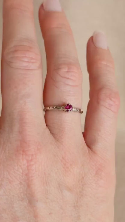 Antique 1930s Art Nouveau Ruby Ring, 14k White Gold