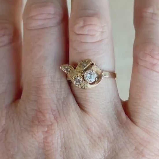 Vintage Diamond Engagement Ring, Round Cut, 14k Gold, 1960s Art Nouveau Bridal Ring