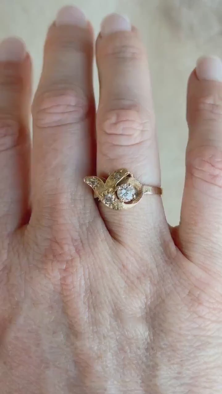 Vintage Diamond Engagement Ring, Round Cut, 14k Gold, 1960s Art Nouveau Bridal Ring