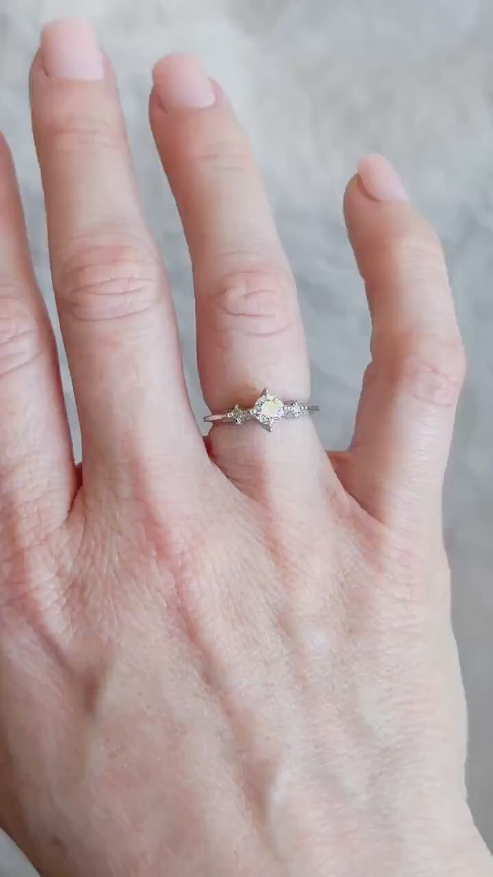 Vintage Diamond Engagement Ring, Old European Cut, 14k White Gold, 1930s Art Deco Three-Stone
