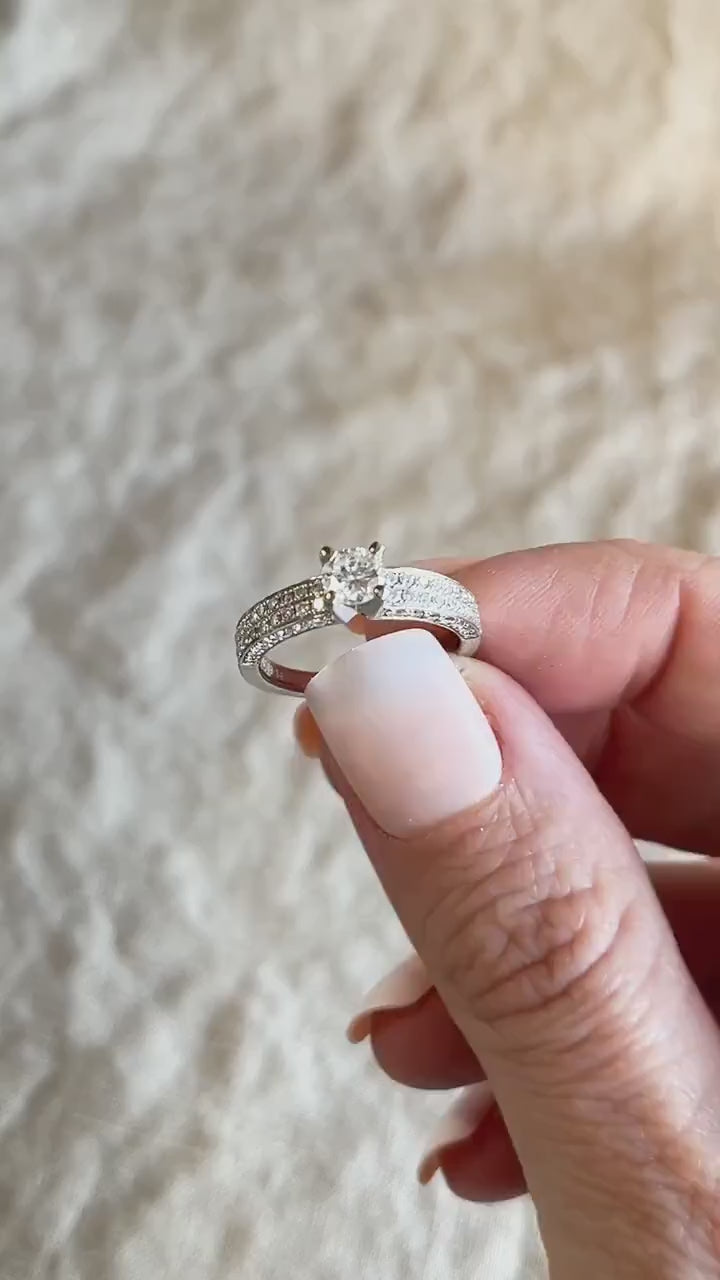 Vintage Diamond Engagement Ring, Round Cut, 14k White Gold, Noam Carver Pave Setting