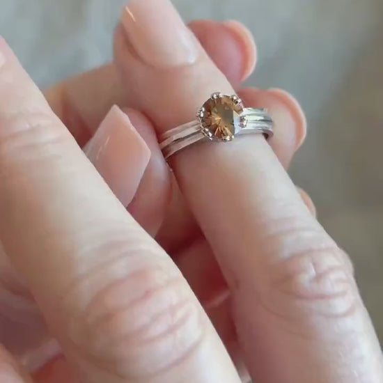 Vintage Yellow Garnet Engagement Ring, Round Cut, 14k White Gold, 1990s Solitaire Prong Setting