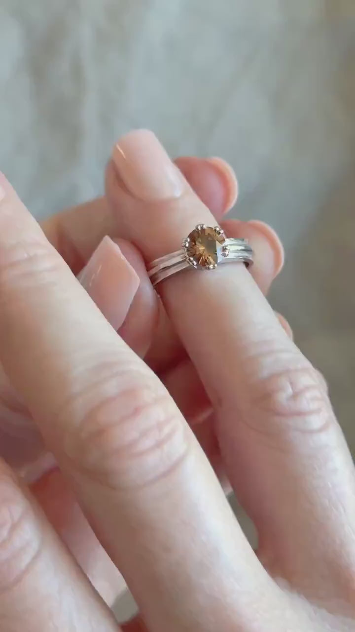 Vintage Yellow Garnet Engagement Ring, Round Cut, 14k White Gold, 1990s Solitaire Prong Setting