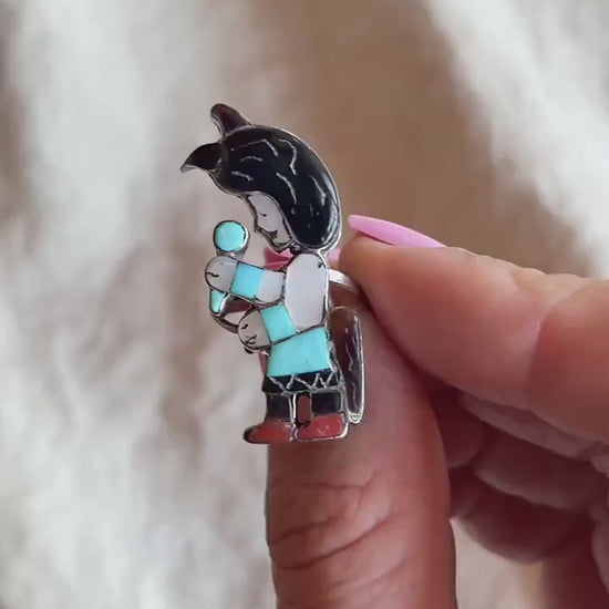 Vintage Gemstone Inlay Figure Ring Sterling Silver, Southwestern Jewelry, Everyday Ring