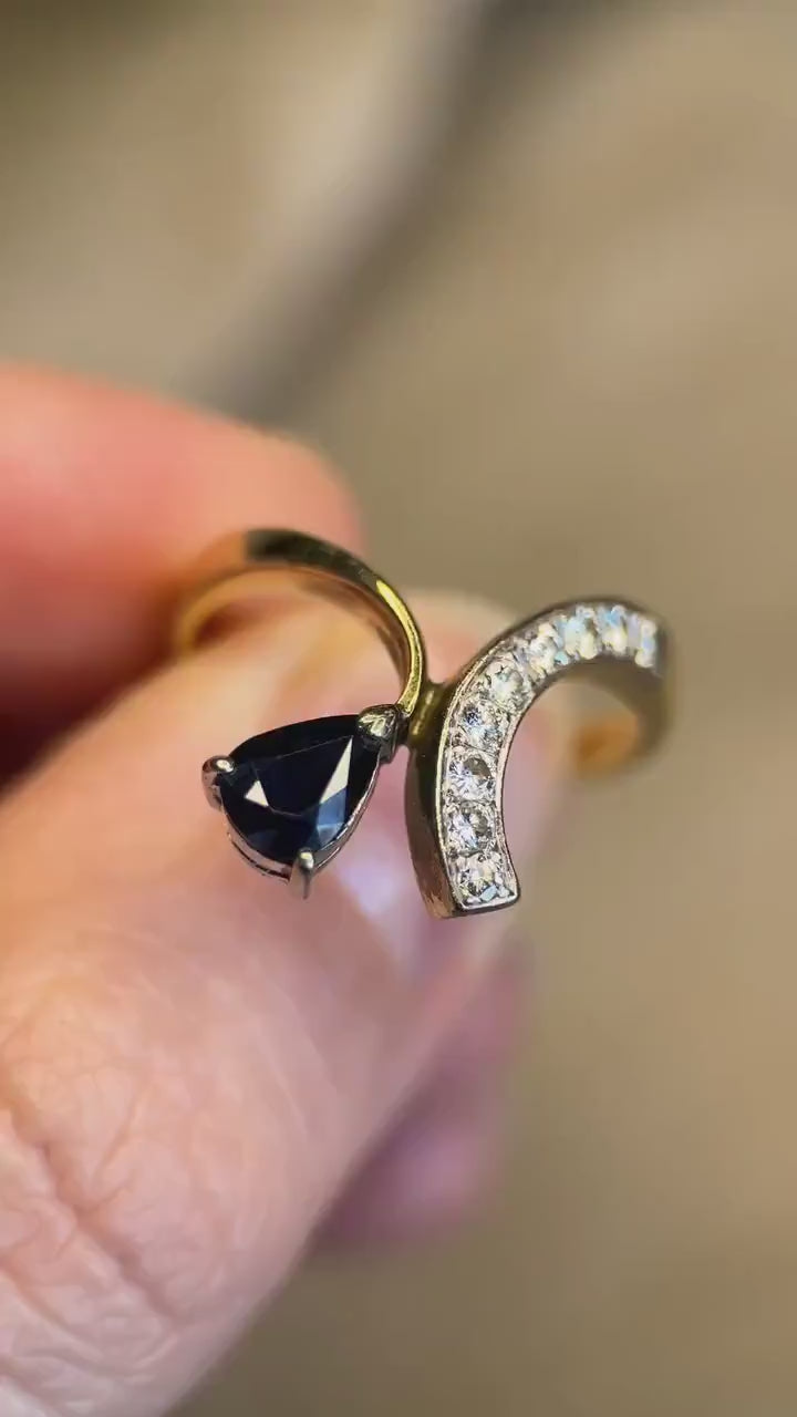 Vintage 1970s Asymmetrical Sapphire & Diamond Ring, 14k Gold