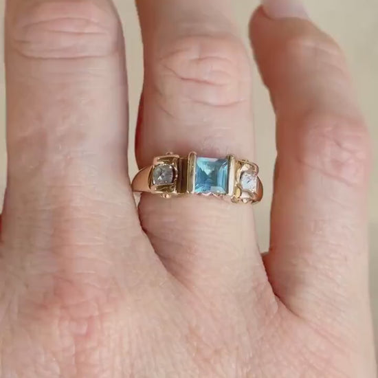 Vintage 1990s Blue Topaz & Diamond Ring, 14k Gold