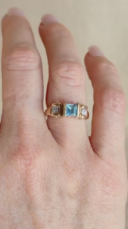 Vintage 1990s Blue Topaz & Diamond Ring, 14k Gold
