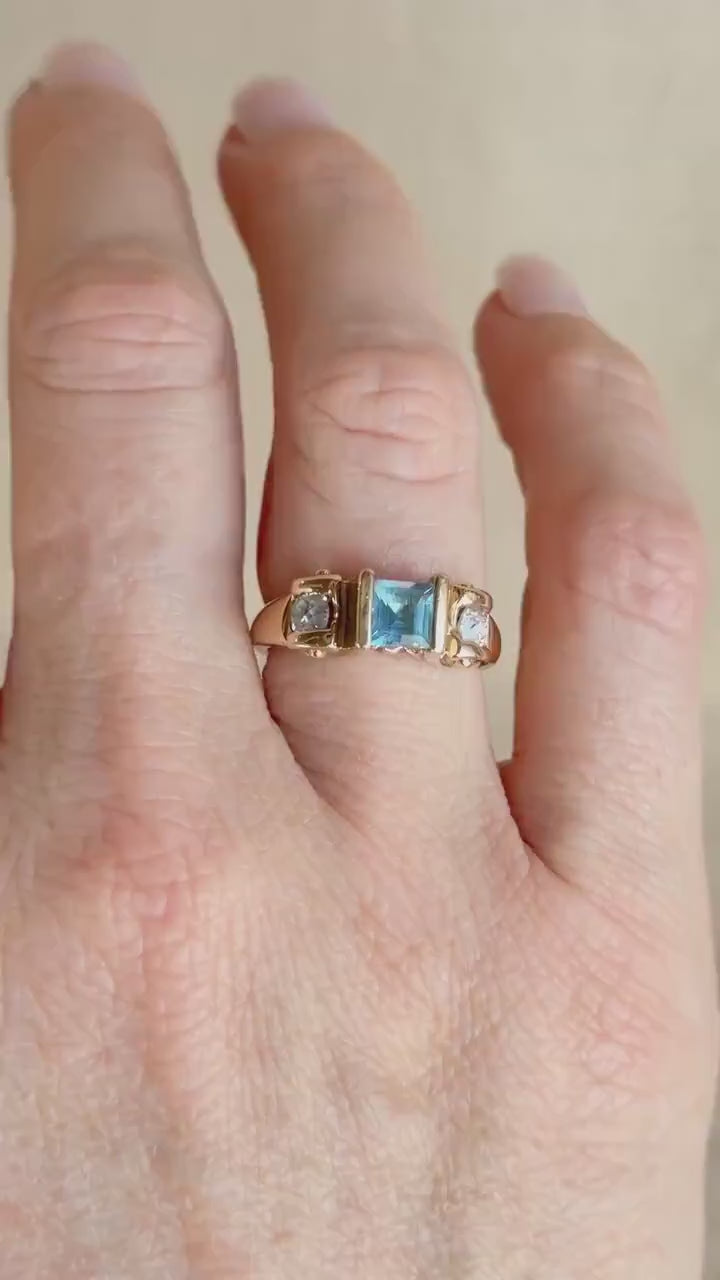 Vintage 1990s Blue Topaz & Diamond Ring, 14k Gold