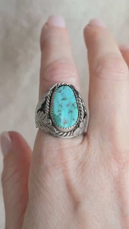 Vintage Sterling Silver Turquoise Statement Ring, Oval Matrix Boho Jewelry