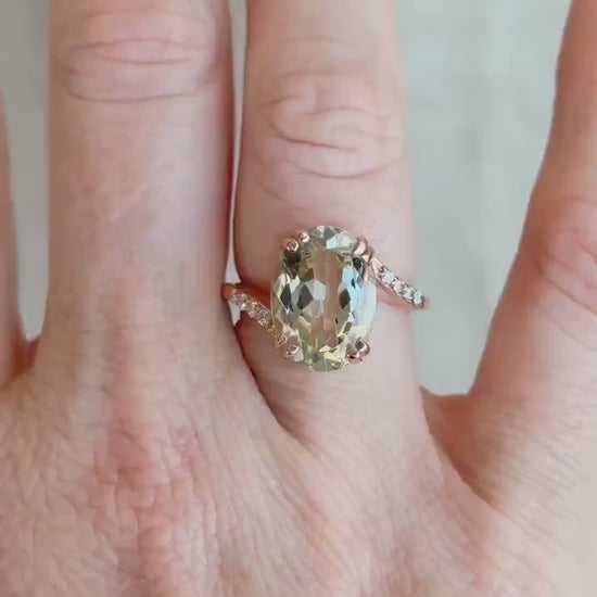 Vintage Prasiolite and Diamond Engagement Ring, Oval Cut, 10k Rose Gold, Alternative Bridal Ring
