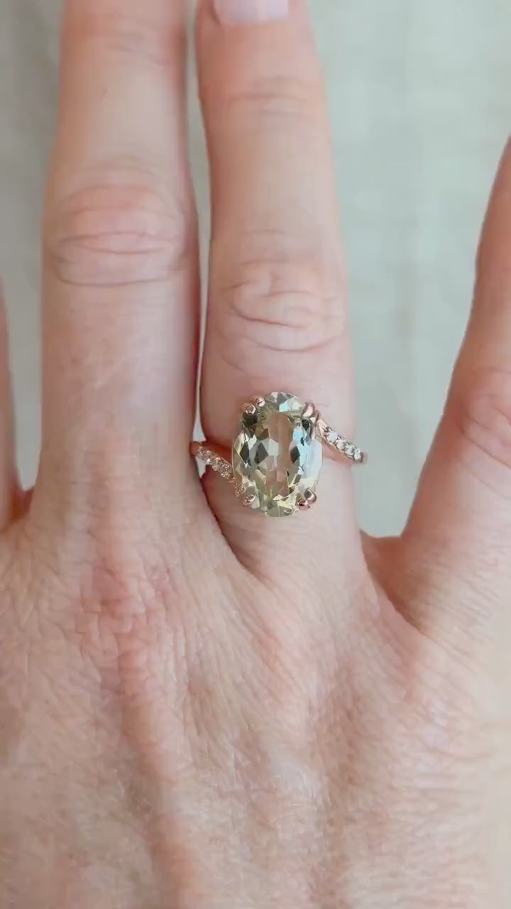 Vintage Prasiolite and Diamond Engagement Ring, Oval Cut, 10k Rose Gold, Alternative Bridal Ring