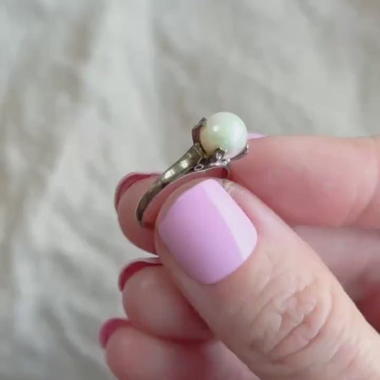 Vintage 1940s Pearl Solitaire Engagement Ring in 14k White Gold • One-of-a-kind Vintage Jewelry