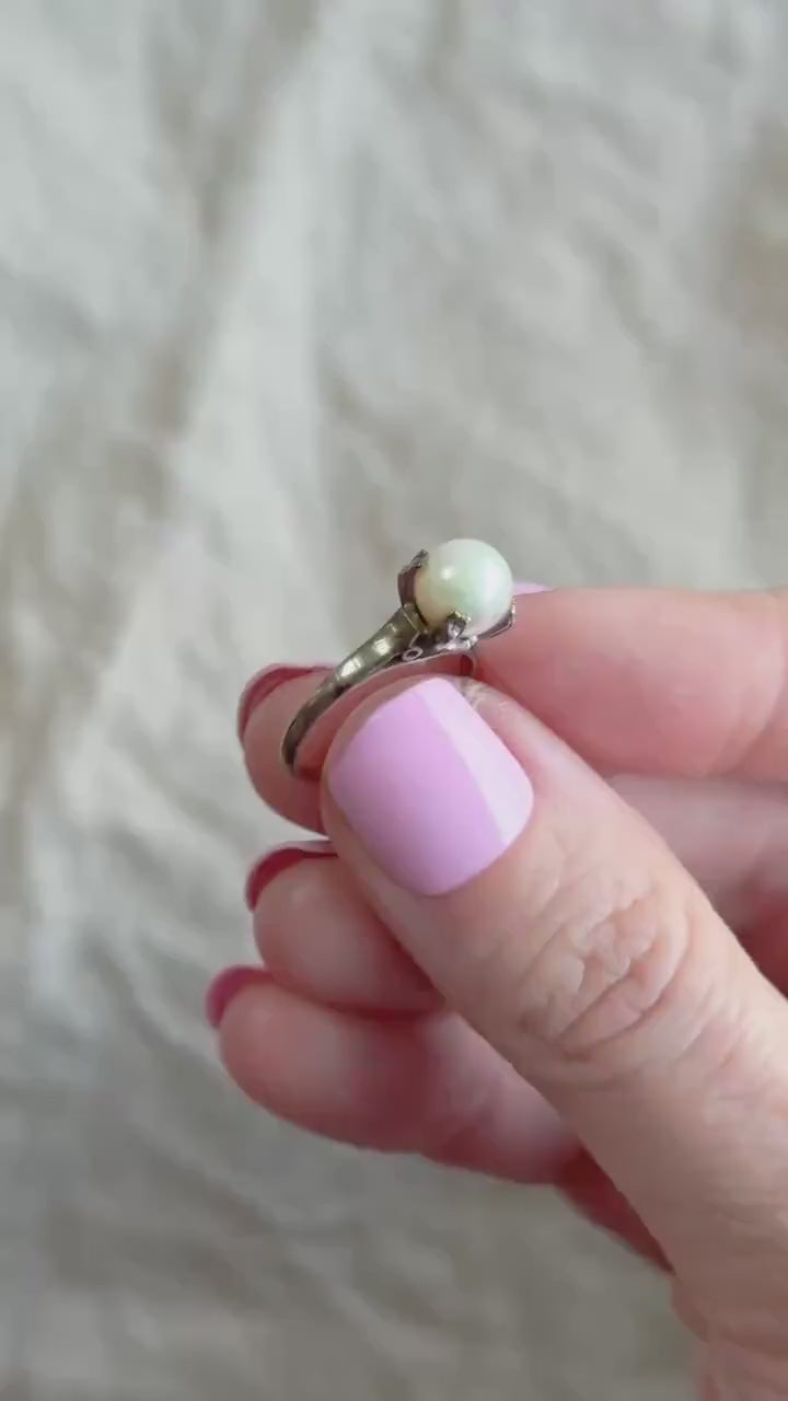 Vintage 1940s Pearl Solitaire Engagement Ring in 14k White Gold • One-of-a-kind Vintage Jewelry