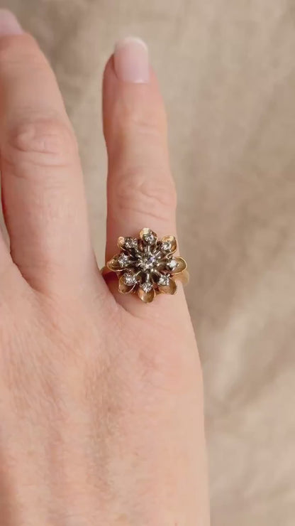 Vintage 1940s Flower Diamond Engagement Ring, 14k Gold Cluster Style Floral Bridal Jewelry • One-of-a-kind