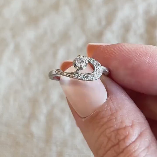 Vintage Diamond Engagement Ring, Round Cut, 14k White Gold, 1950s Mid-Century Bridal Ring