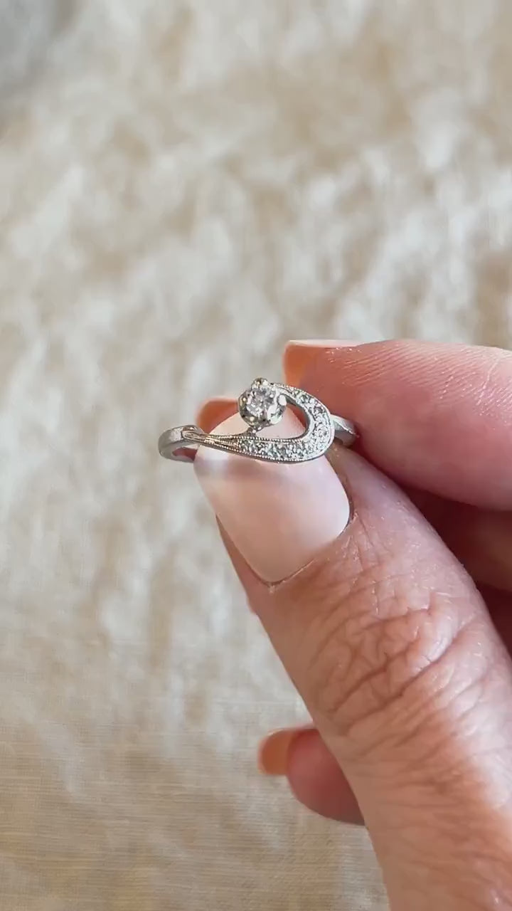 Vintage Diamond Engagement Ring, Round Cut, 14k White Gold, 1950s Mid-Century Bridal Ring