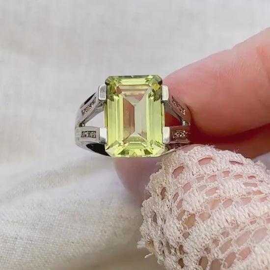Vintage Sterling Silver Rectangle Citrine Cocktail Ring, Artisan Statement Jewelry