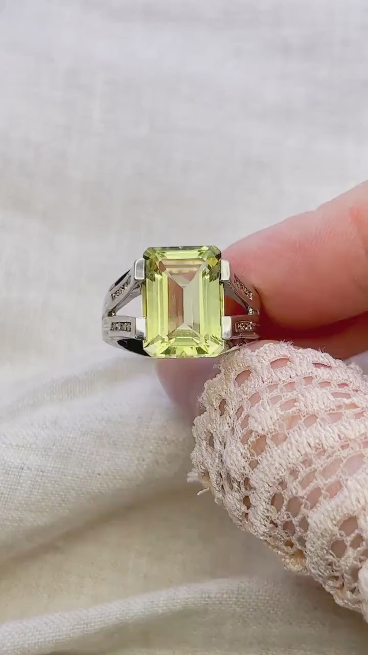 Vintage Sterling Silver Rectangle Citrine Cocktail Ring, Artisan Statement Jewelry