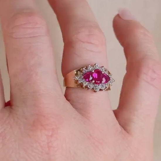 Vintage 1990s Three Stone Ruby & Diamond Ring, 10k Gold
