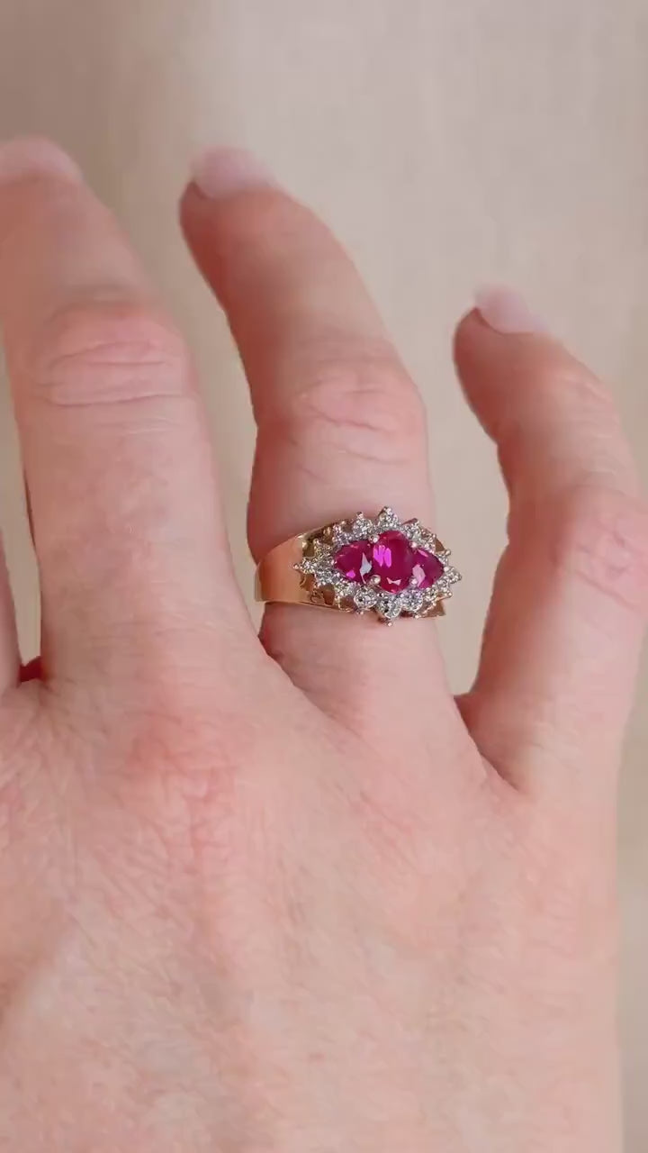 Vintage 1990s Three Stone Ruby & Diamond Ring, 10k Gold