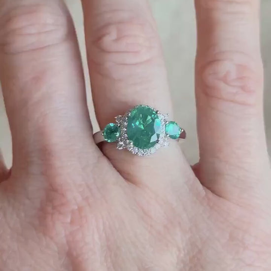 Vintage Sterling Silver Three Stone Halo Ring, Cubic Zirconia Statement Jewelry