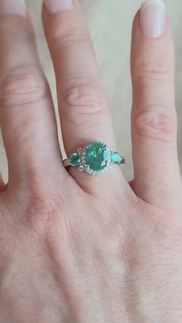 Vintage Sterling Silver Three Stone Halo Ring, Cubic Zirconia Statement Jewelry
