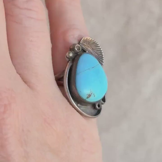 Vintage Sterling Silver Teardrop Turquoise Ring, Boho Scroll Statement Jewelry