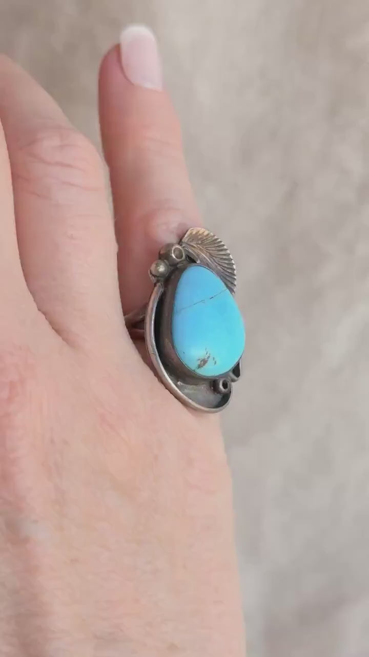 Vintage Sterling Silver Teardrop Turquoise Ring, Boho Scroll Statement Jewelry