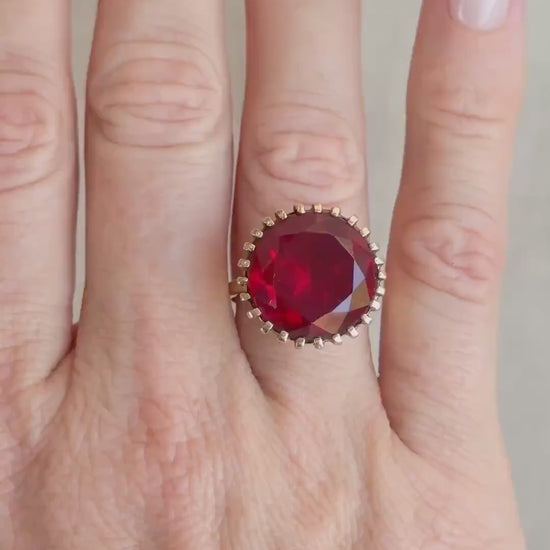 Vintage Ruby Ring, 10k Gold, Round Cut Large Solitaire Statement Ring, 1970s Bold Jewelry